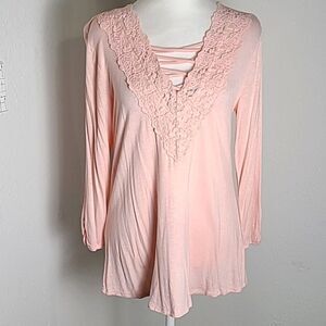 Maurices Pink Top with Embroidered Lace Neckline, Size Small